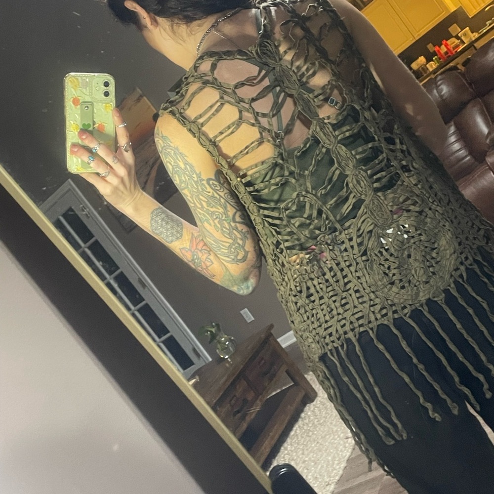Green Crochet Fringe Vest